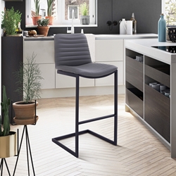 Lucas Contemporary 30" Bar Height Barstool in Black Powder Coated Finish and Gray Faux Leather