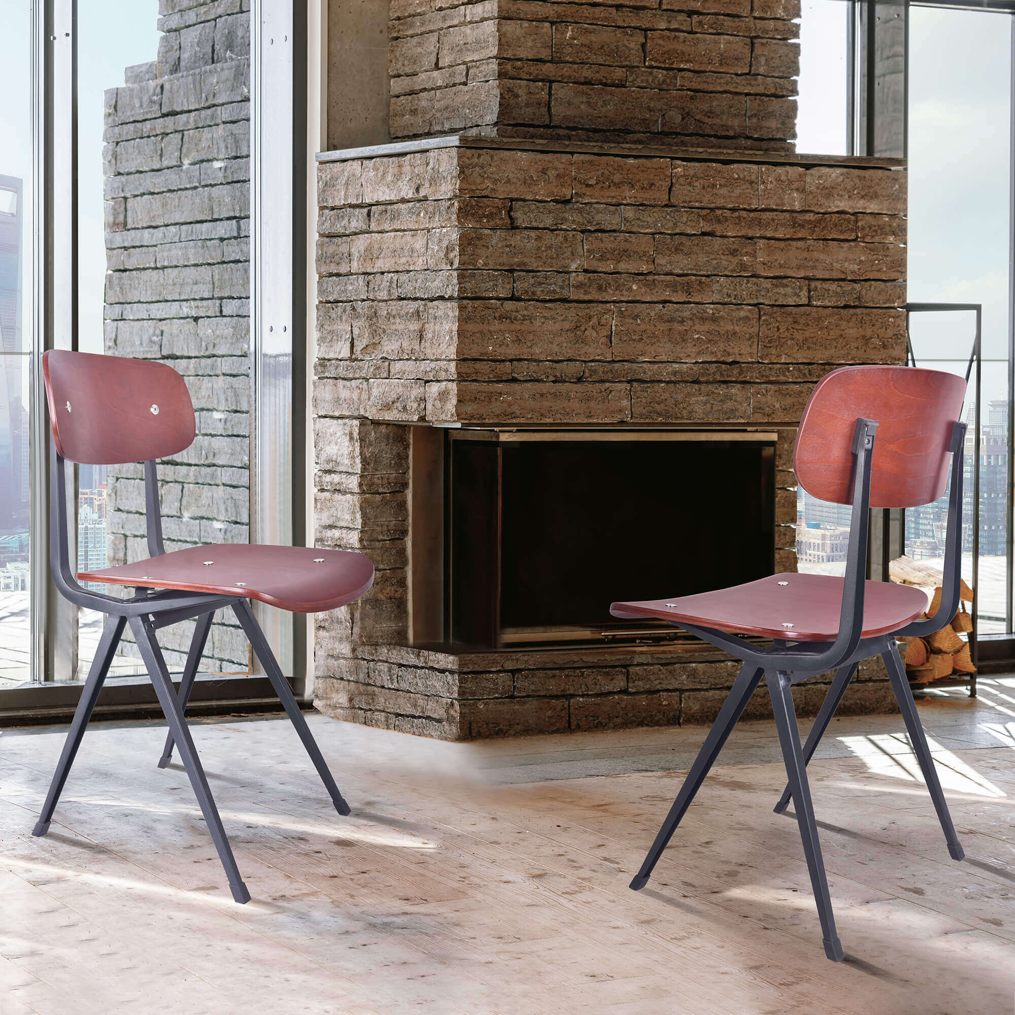 Levi Industrial Dining Chair in Black Metal with Wood Seat and Back - Set of 2