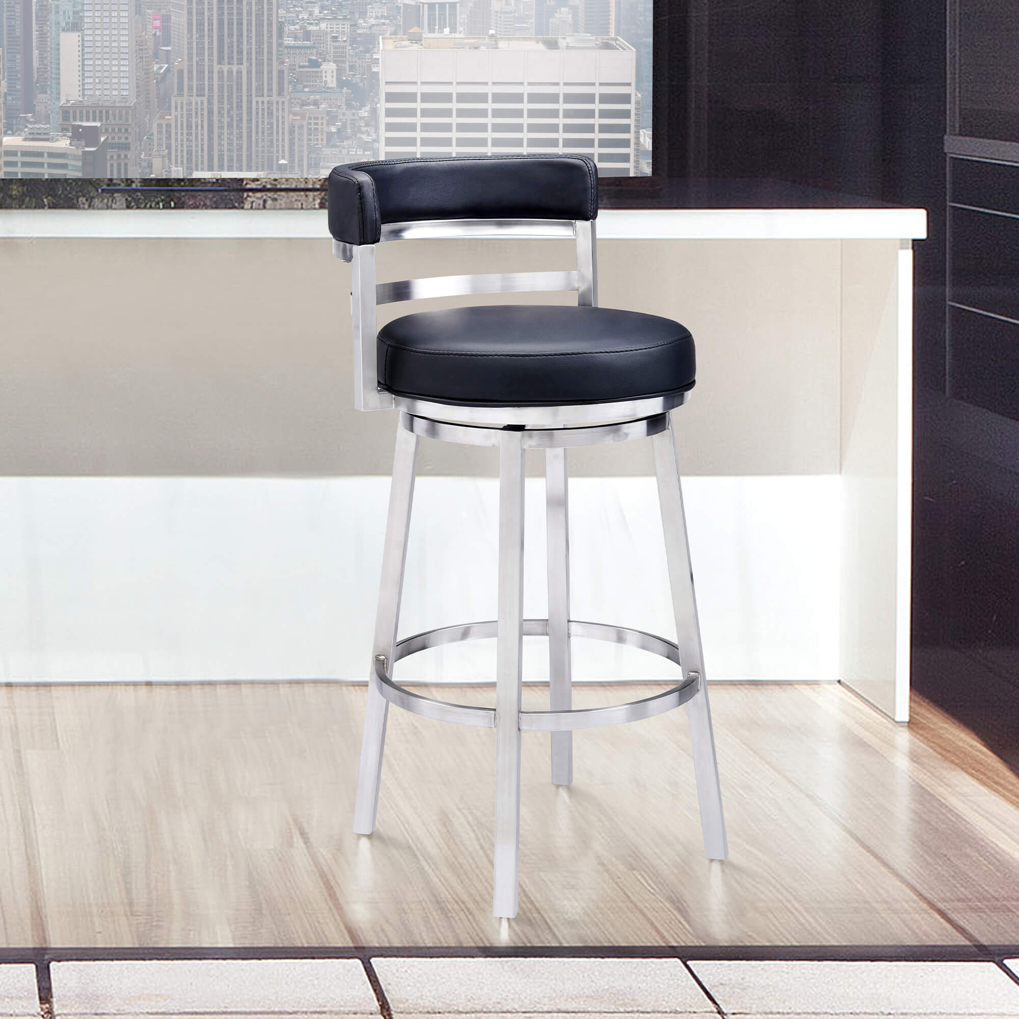 Madrid Contemporary 30" Counter Height Barstool in Brushed Stainless Steel Finish and Red Faux Leather