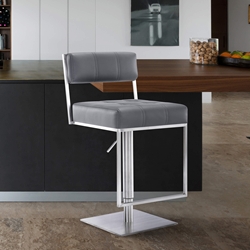 Michele Contemporary Swivel Barstool in Brushed Stainless Steel and Gray Faux Leather