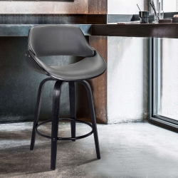 Mona Contemporary 30" Bar Height Swivel Barstool in Black Brush Wood Finish and Gray Faux Leather
