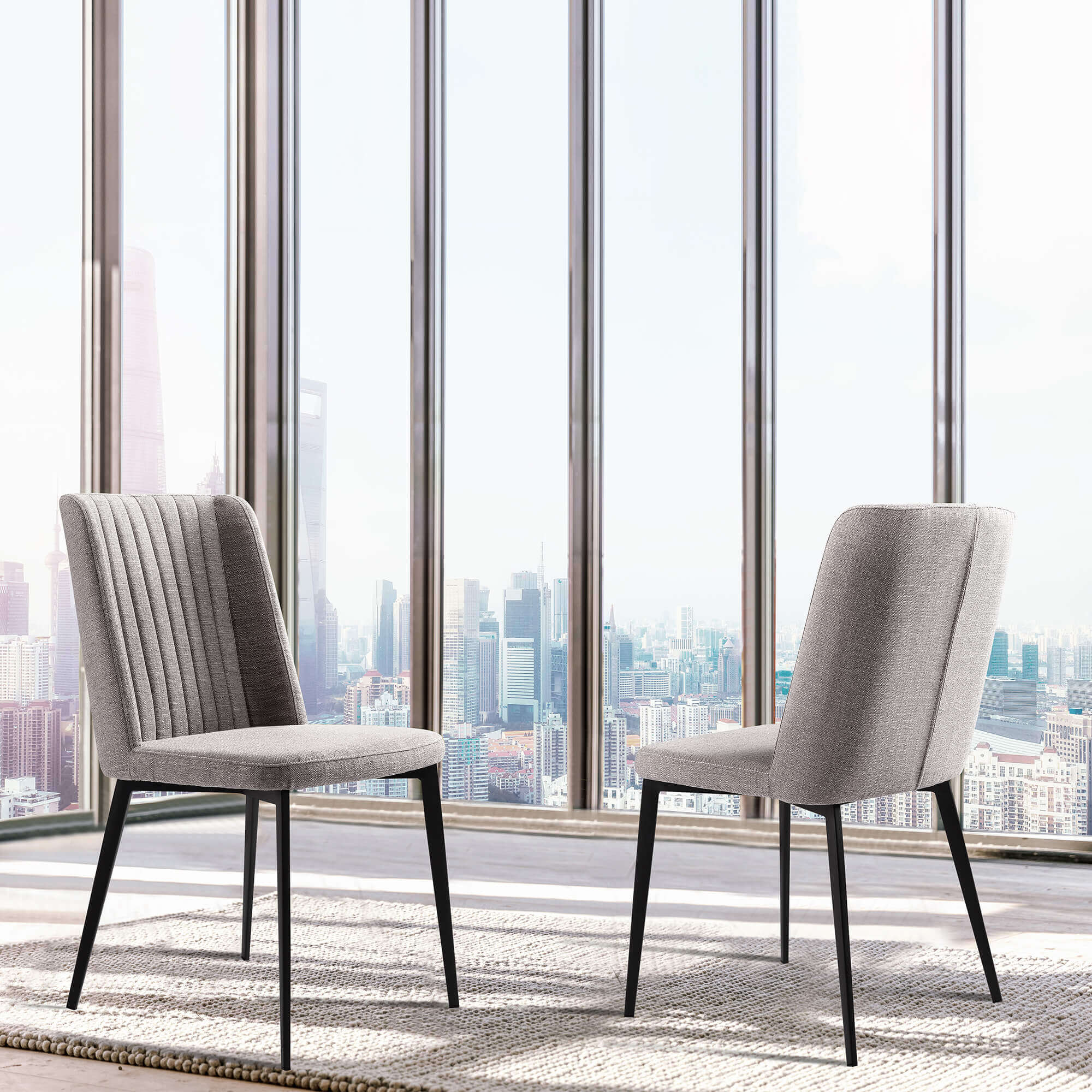 Maine Contemporary Dining Chair in Matte Black Finish and Gray Fabric - Set of 2