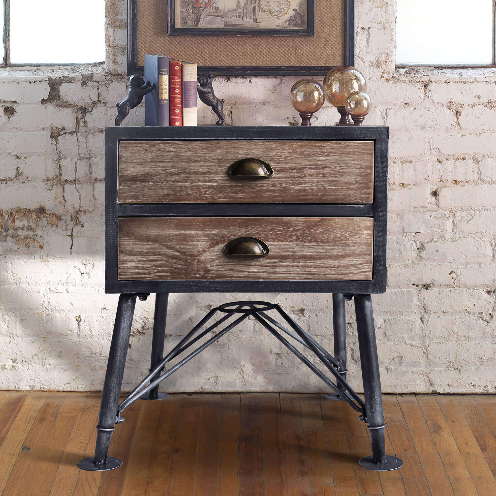 Mathis Industrial 2-Drawer End Table in Industrial Gray and Pine Wood