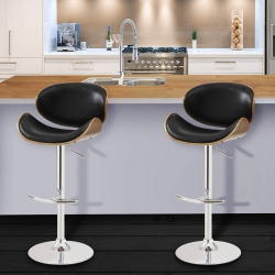 Naples Swivel Barstool in Chrome finish with Black Faux Leather and Walnut Veneer Back
