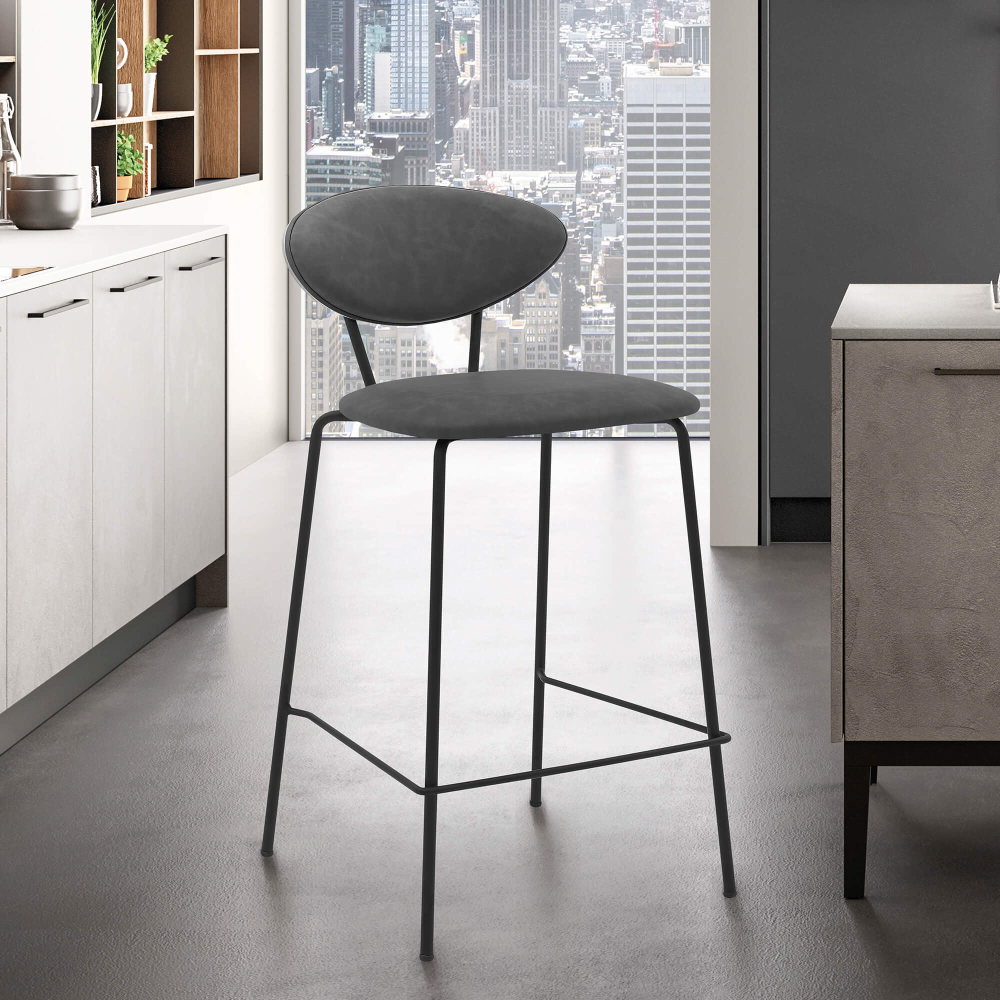 Neo 26" Gray Faux Leather and Metal Counter Height Bar Stool
