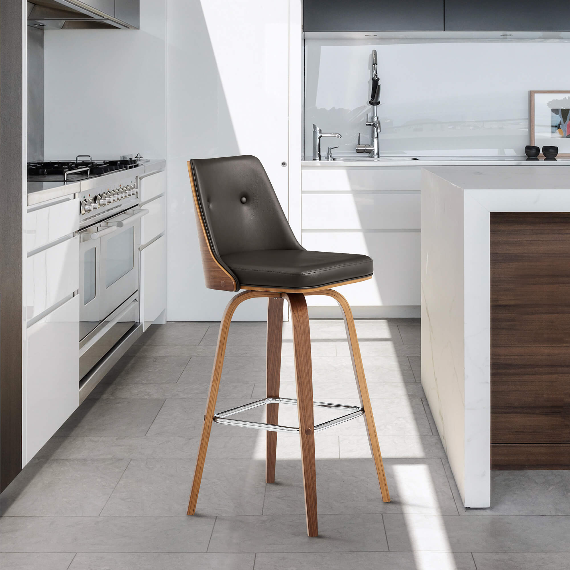 Nolte 30" Swivel Bar Stool in Gray Faux Leather and Walnut Wood