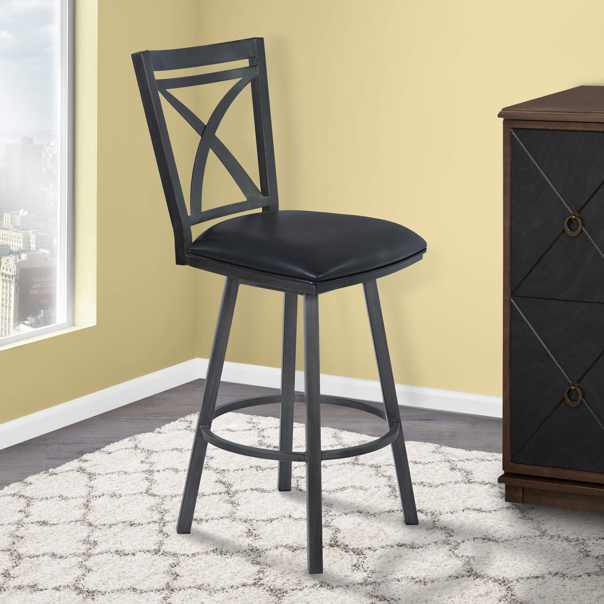 Nova 30" Bar Height Metal Swivel Brastool in Ford Black Pu and Mineral Finish