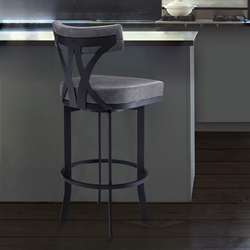 Natalie Contemporary 30" Bar Height Barstool in Black Powder Coated Finish and Vintage Gray Faux Leather