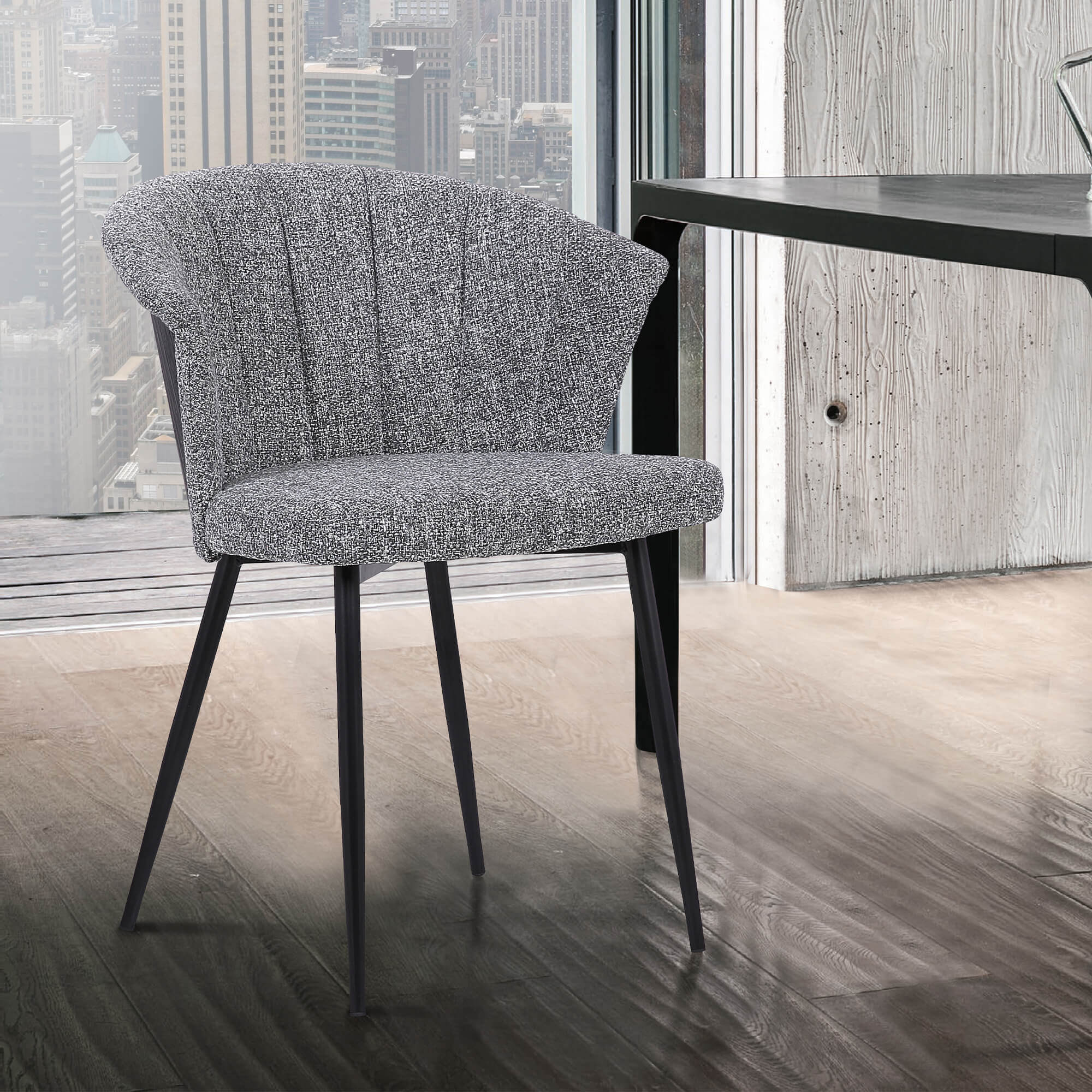 Orchid Mid-Century Dining Chair in Black Powder Coated Finish with Gray Fabric and Walnut Glazed Finish Back