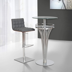 Oslo Adjustable Brushed Stainless Steel Barstool in Gray Faux Leather with Walnut Back