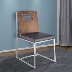 Oxford Dining Chair in Brushed Stainless Steel with Vintage Gray Faux Leather and Walnut Wood Back (Set of 2)