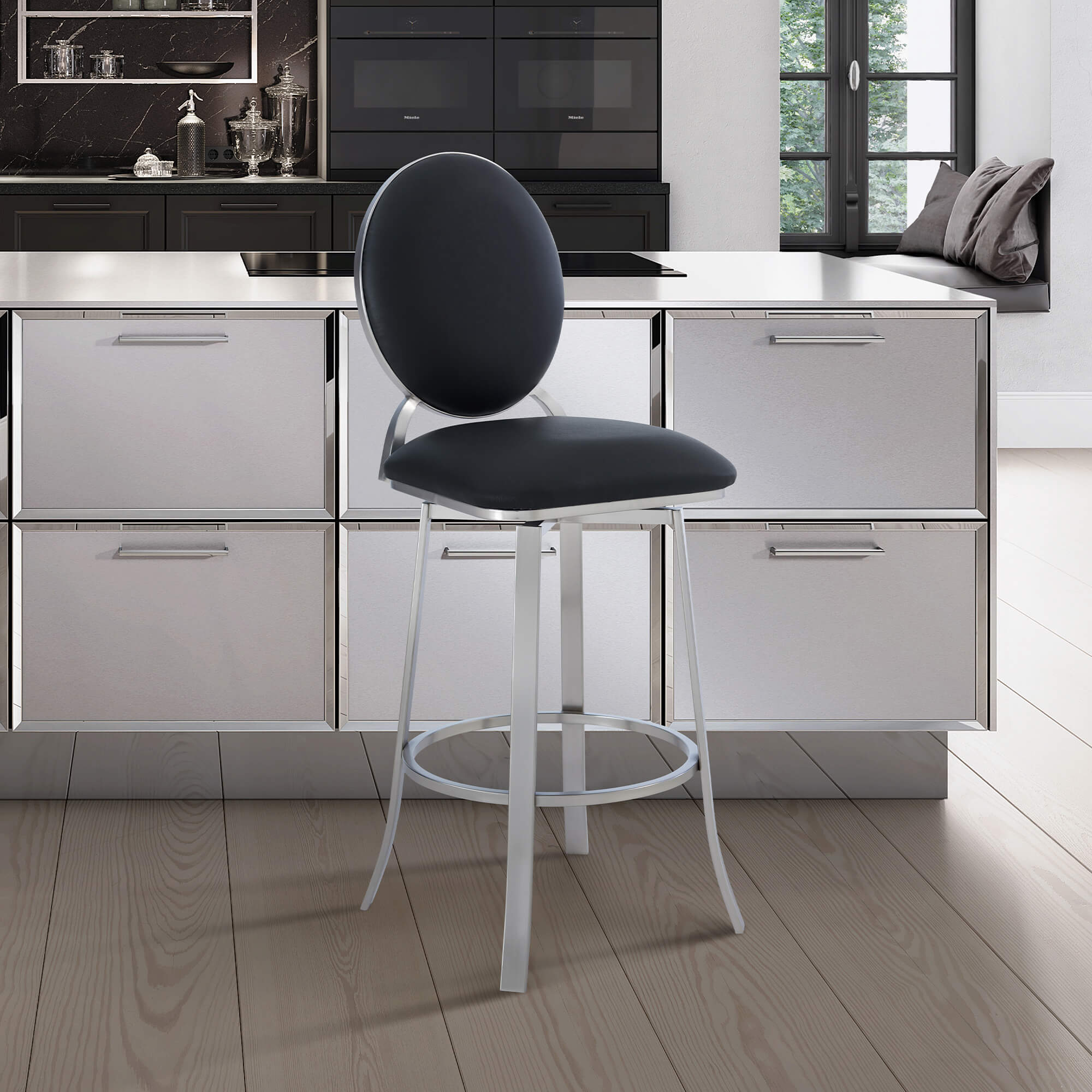Pia Contemporary 30" Bar Height Barstool in Brushed Stainless Steel Finish and Gray Faux Leather