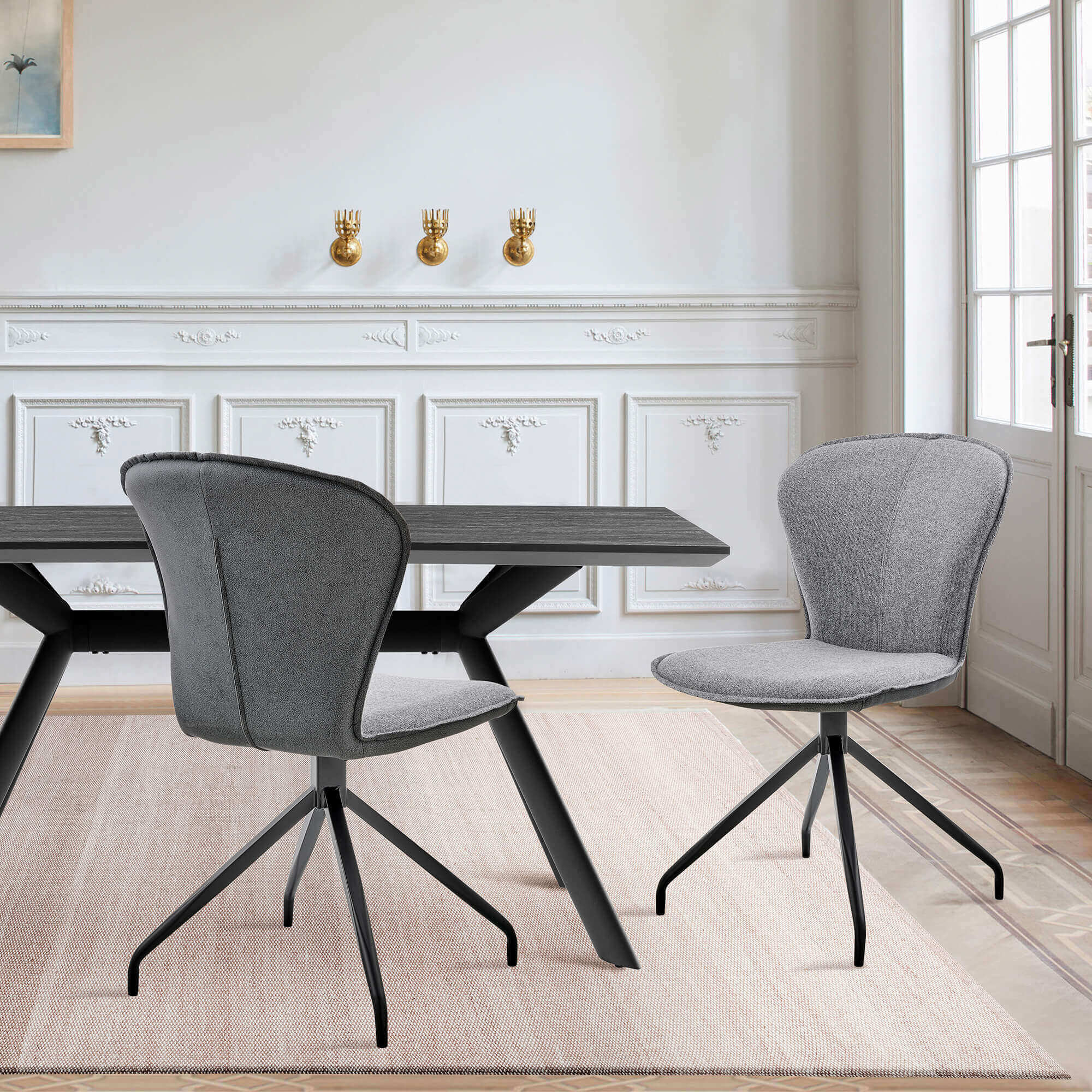 Petrie Dining Room Accent Chair in Gray Fabric and Faux Leather with Black Finish - Set of 2