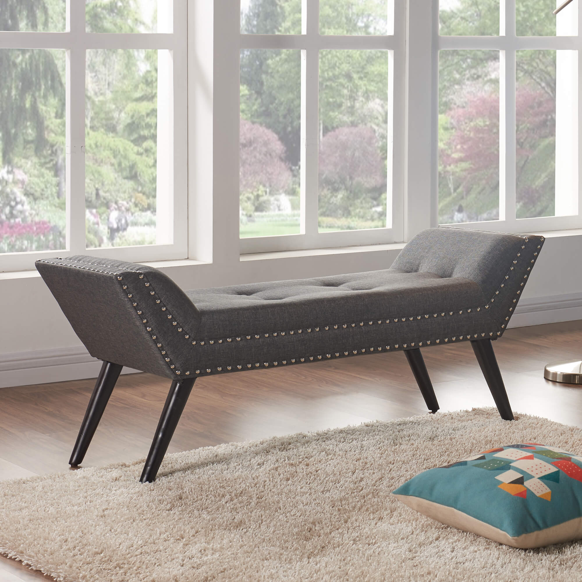Porter Ottoman Bench in Charcoal Fabric with Nailhead Trim and Espresso Wood Legs