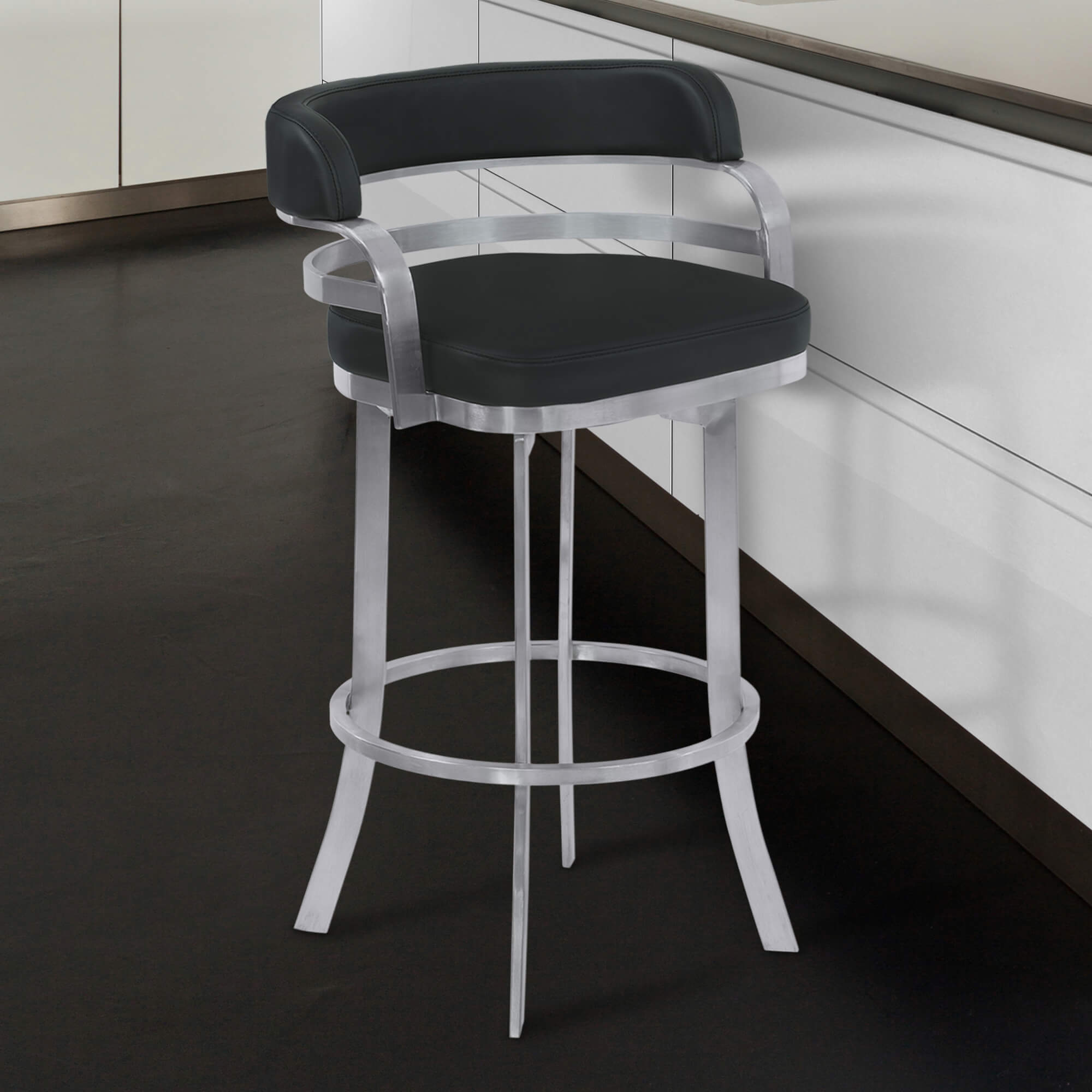 Prinz 30" Bar Height Metal Swivel Barstool in Gray Faux Leather with Brushed Stainless Steel Finish