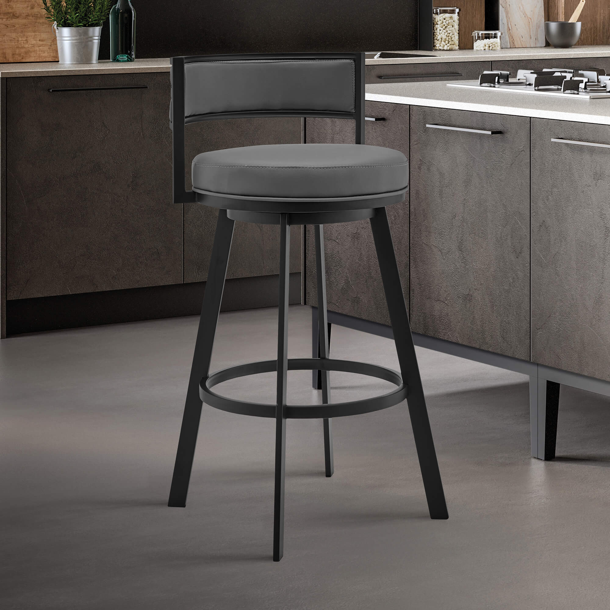 Roman 30" Gray Faux Leather and Brushed Stainless Steel Swivel Bar Stool