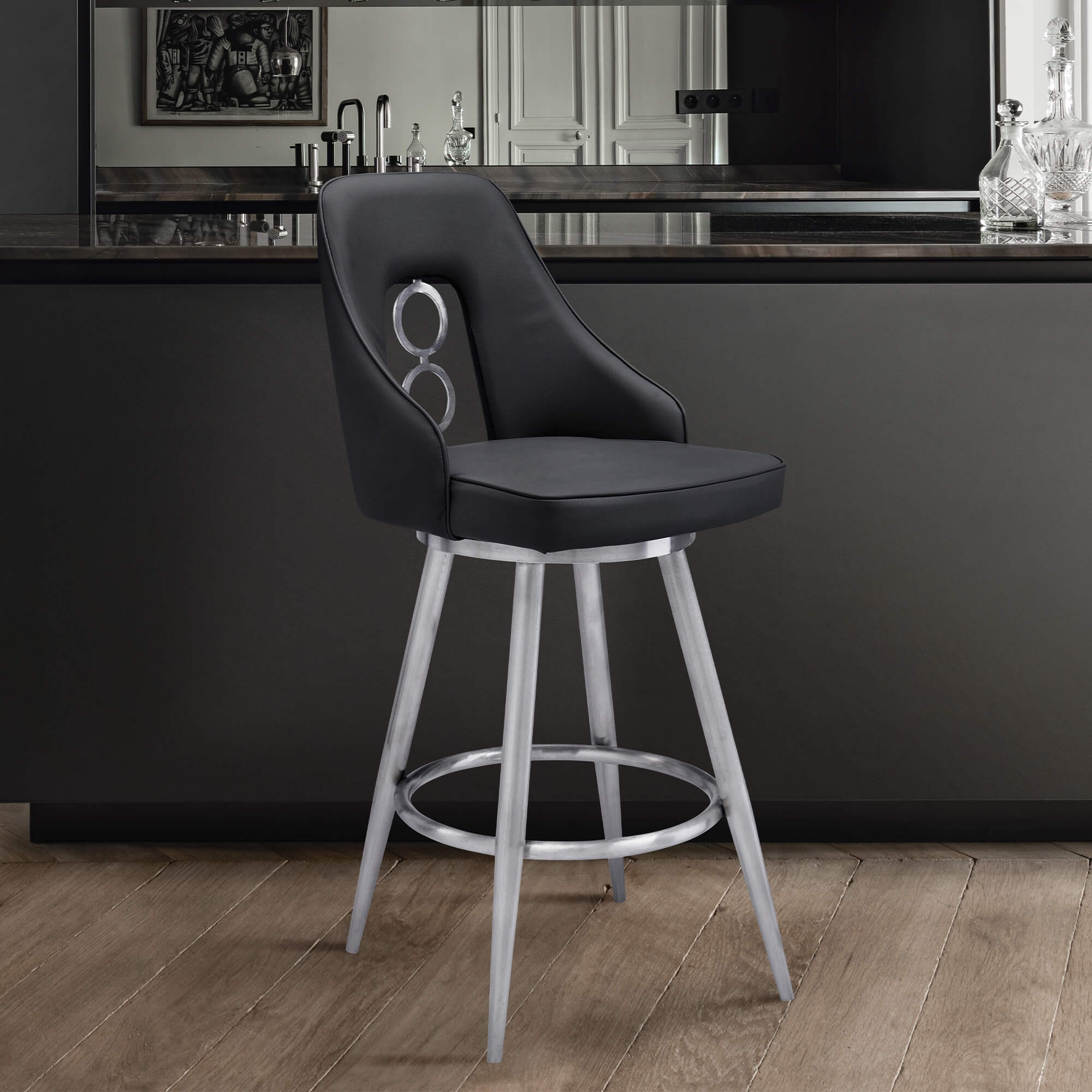 Ruby Contemporary 26" Counter Height Barstool in Brushed Stainless Steel Finish and Black Faux Leather