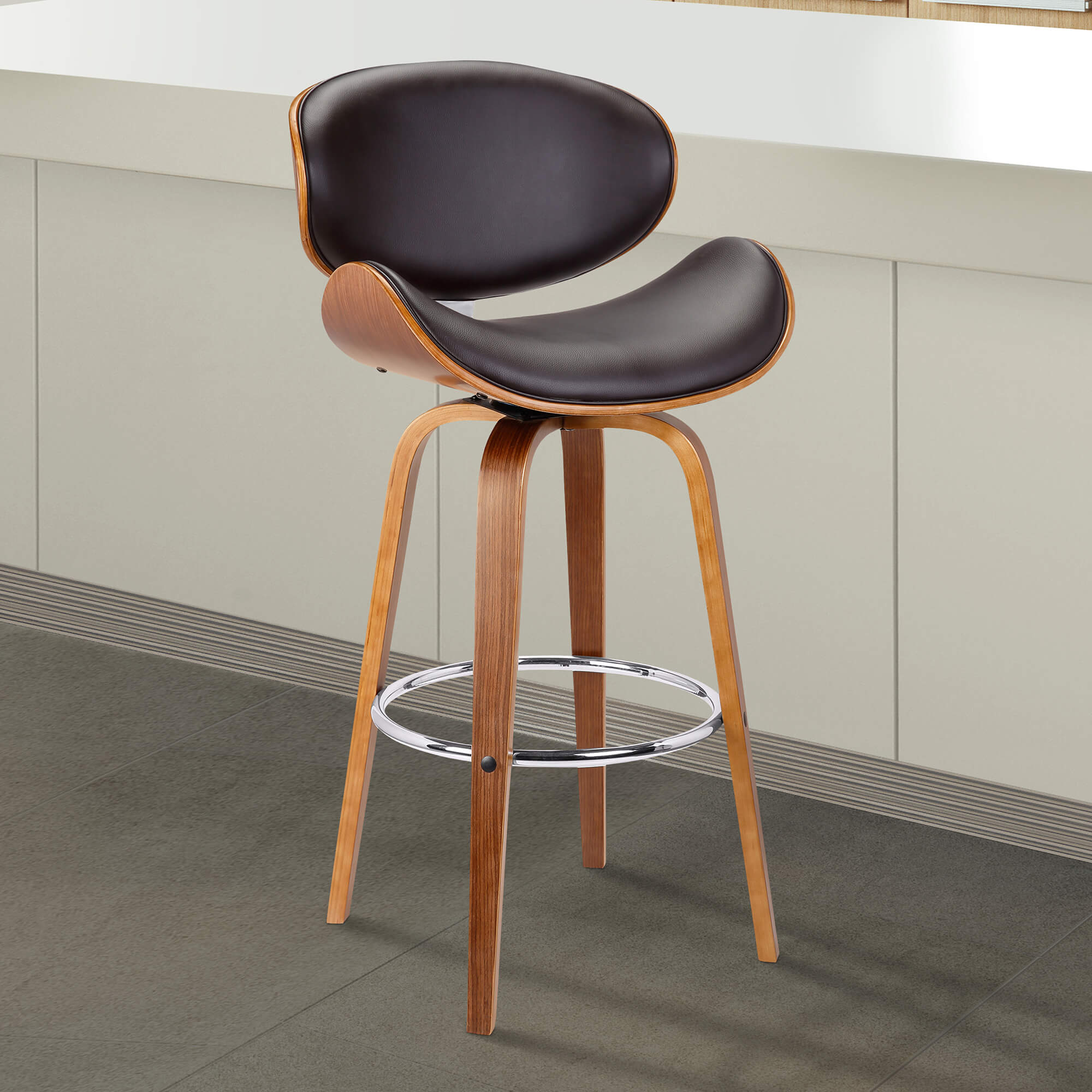 Solvang 30" Mid-Century Swivel Bar Height Barstool in Brown Faux Leather with Walnut Wood