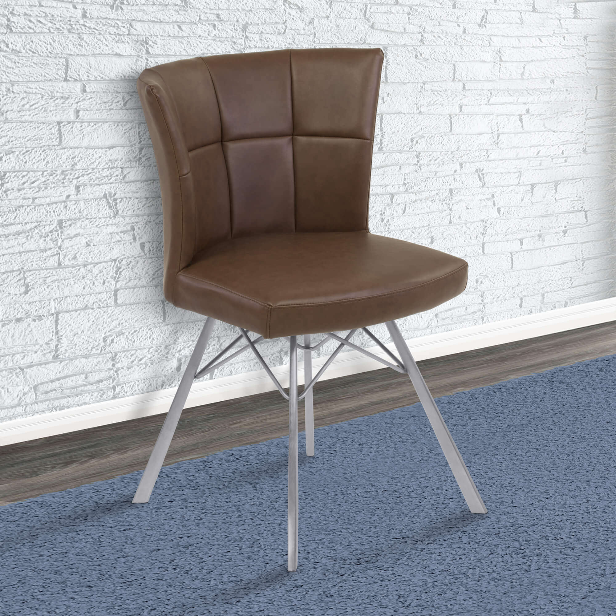 Spago Contemporary Dining Chair in Vintage Coffee Faux Leather with Brushed Stainless Steel Finish - Set of 2