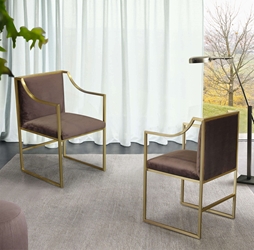 Seville Contemporary Dining Chair in Brushed Gold Finish and Brown Fabric