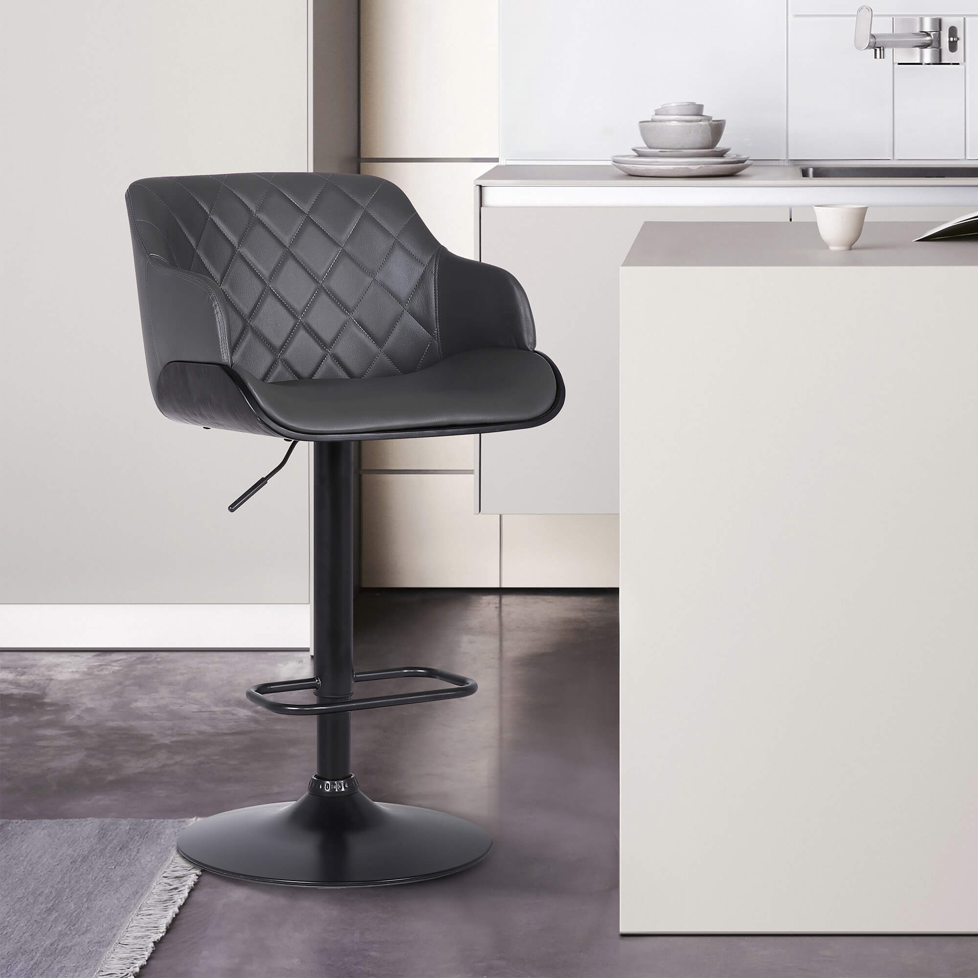 Toby Contemporary Adjustable Barstool in Chrome Finish with Gray Faux Leather and Walnut Finish