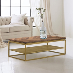 Faye Rustic Brown Wood Coffee Table with Shelf and Antique Brass Metal Base