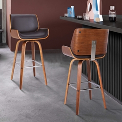 Tyler 26" Mid-Century Swivel Counter Height Barstool in Brown Faux Leather with Walnut Veneer