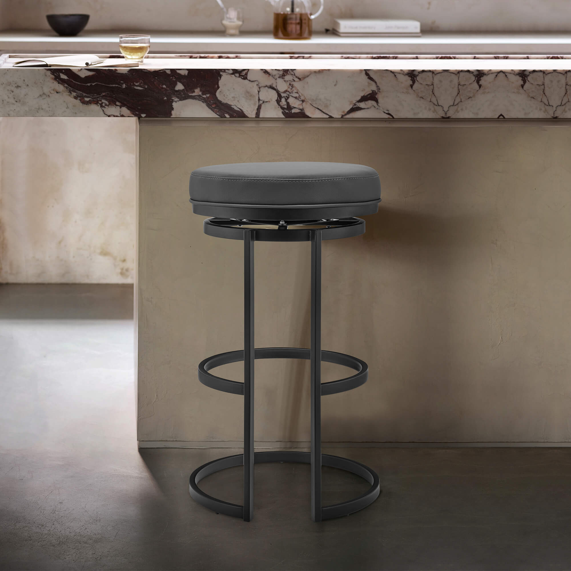 Vander 30" Gray Faux Leather and Brushed Stainless Steel Swivel Bar Stool