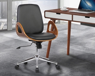 Wallace Mid-Century Office Chair in Chrome finish with Black Faux Leather and Walnut Veneer Back