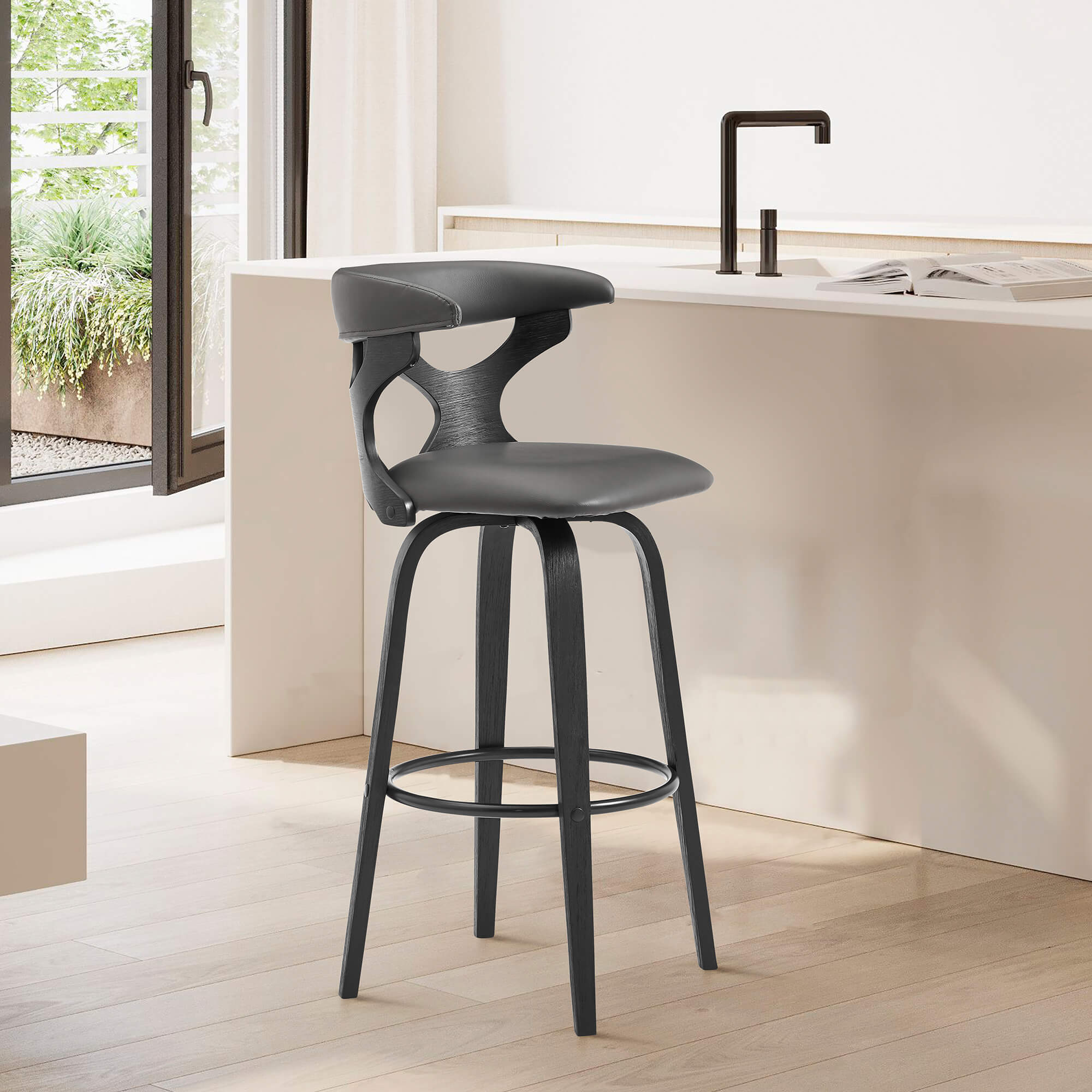 Zenia 30" Swivel Bar Stool in Gray Faux Leather and Walnut Wood