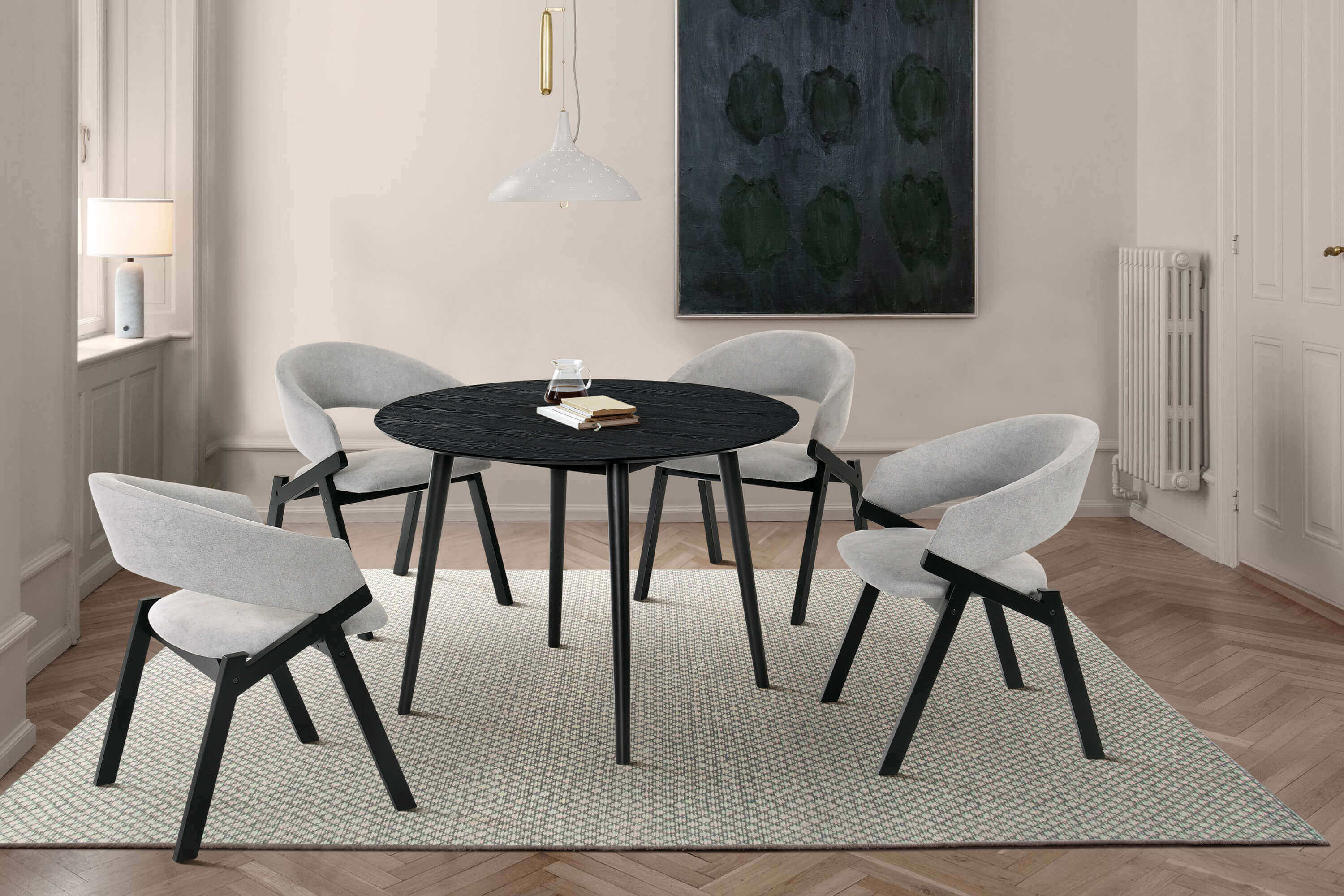 Arcadia and Talulah 42" Round Grey and Black Wood 5 Piece Dining Set