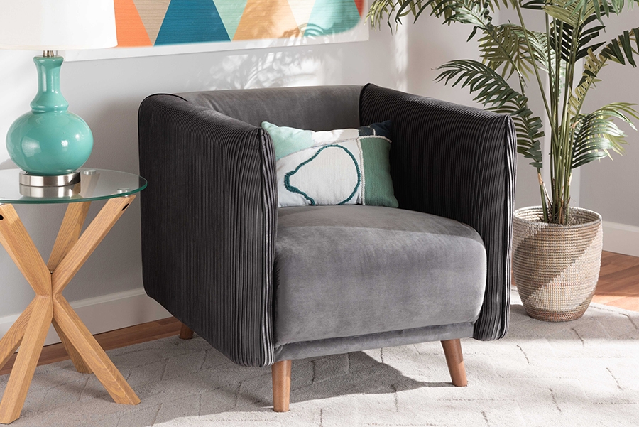 Baxton Studio Beacher Modern and Contemporary Grey Velvet Fabric Upholstered and Walnut Brown Finished Wood Armchair