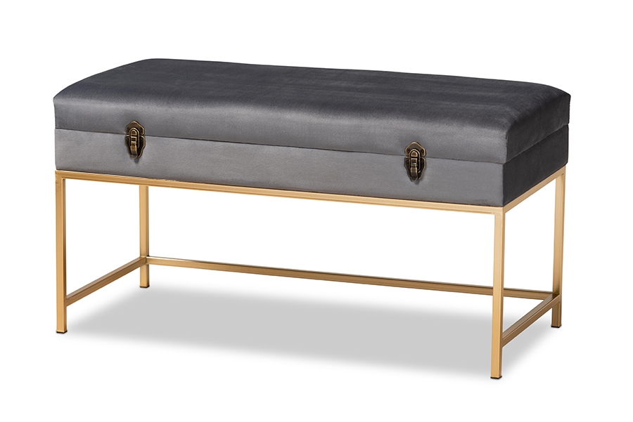 Baxton Studio Aliana Glam and Luxe Grey Velvet Fabric Upholstered and Gold Finished Metal Large Storage Ottoman