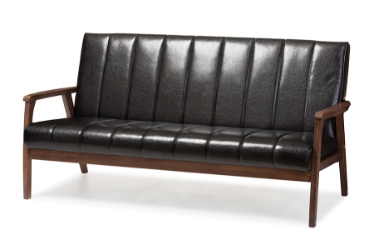Baxton Studio Nikko Mid-century Modern Scandinavian Style Black Faux Leather Wooden 3-Seater Sofa