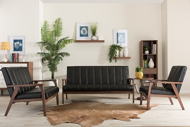 Baxton Studio Nikko Mid-century Modern Scandinavian Style Black Faux Leather 3 Pieces Living Room Sets