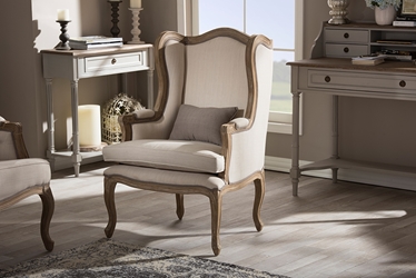 Baxton Studio Oreille French Provincial Style White Wash Distressed Two-tone Beige Upholstered Armchair
