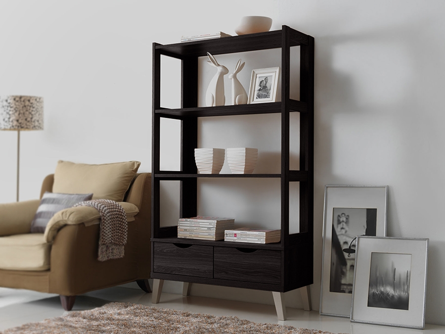 Baxton Studio Kalien Modern and Contemporary Dark Brown Wood Leaning Bookcase with Display Shelves and Two Drawers