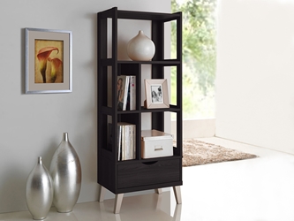 Baxton Studio Kalien Modern and Contemporary Dark Brown Wood Leaning Bookcase with Display Shelves and One Drawer