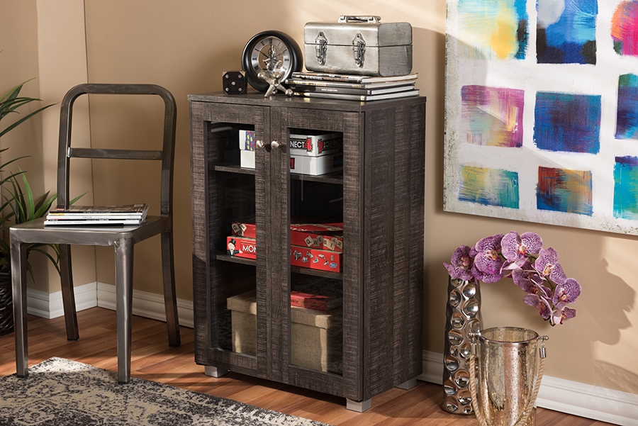 Baxton Studio Mason Modern and Contemporary Dark Brown Multipurpose Storage Cabinet Sideboard with Two Class Doors