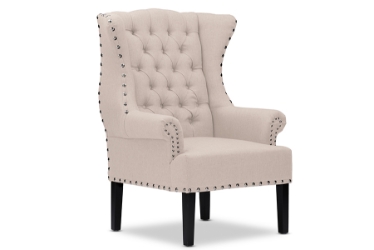 Baxton Studio Knuckey French Country Beige Linen Nail Head Wing Back Armchair