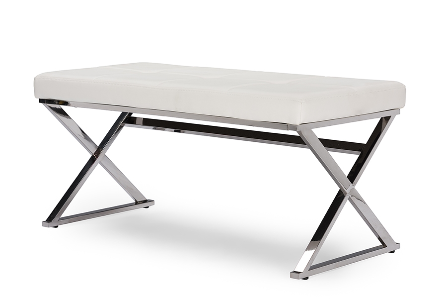 Baxton Studio Herald Modern and Contemporary Stainless Steel and White Faux Leather Upholstered Rectangle Bench