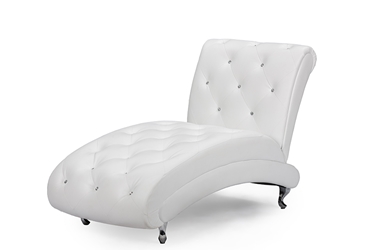 Baxton Studio Pease Contemporary White Faux Leather Upholstered Crystal Button Tufted Chaise Lounge