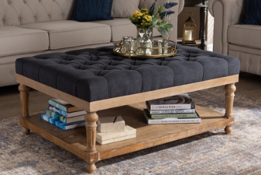Baxton Studio Lindsey Modern and Rustic Charcoal Linen Fabric Upholstered and Greywashed Wood Cocktail Ottoman