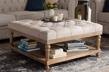 Baxton Studio Kelly Modern and Rustic Beige Linen Fabric Upholstered and Greywashed Wood Cocktail Ottoman