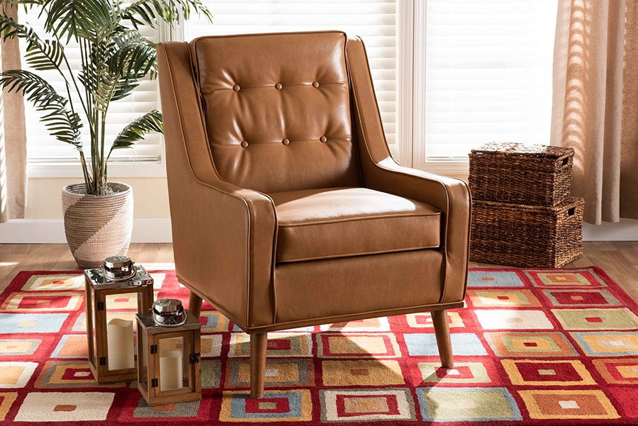 Baxton Studio Daley Modern and Contemporary Tan Faux Leather Upholstered and Walnut Brown Finished Wood Lounge Armchair