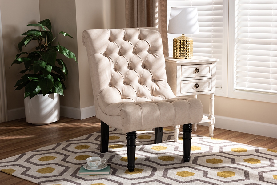 Baxton Studio Barthe Classic and Traditional Beige Fabric Upholstered Accent Chair with Rolled Back