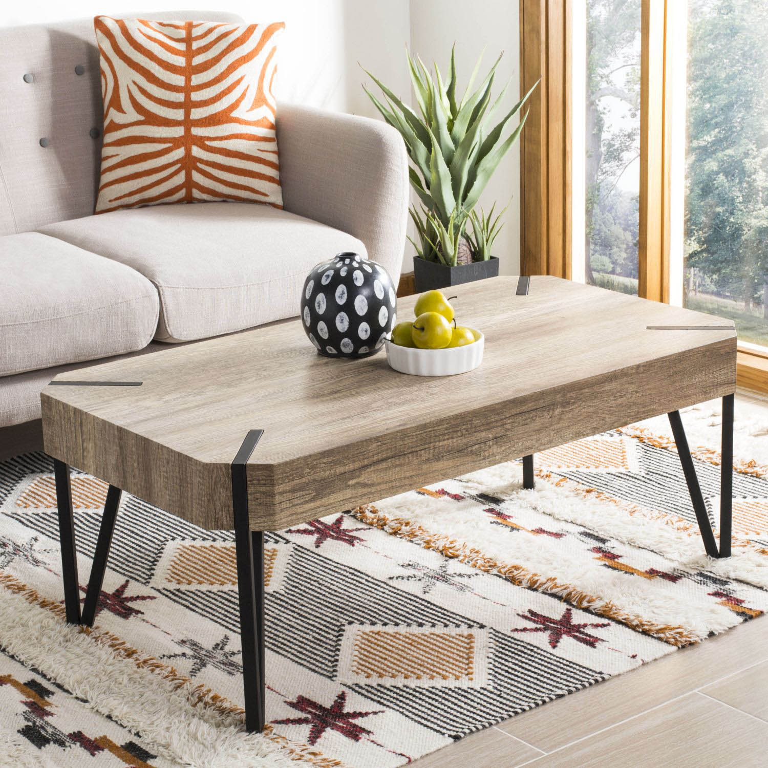 Amos Rustic Midcentury Wood Top Coffee Table