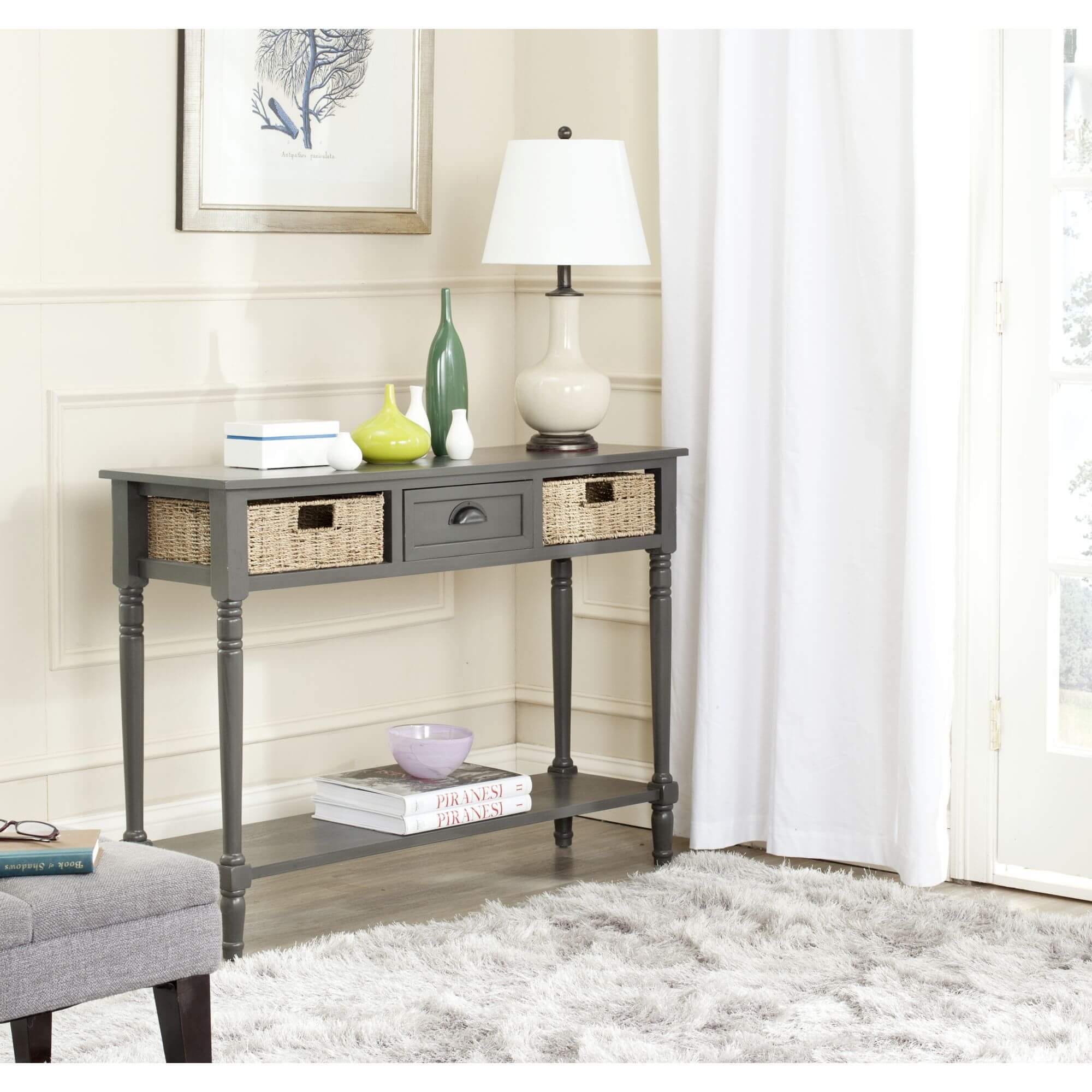 Carina Wicker Console Table With Storage - Grey