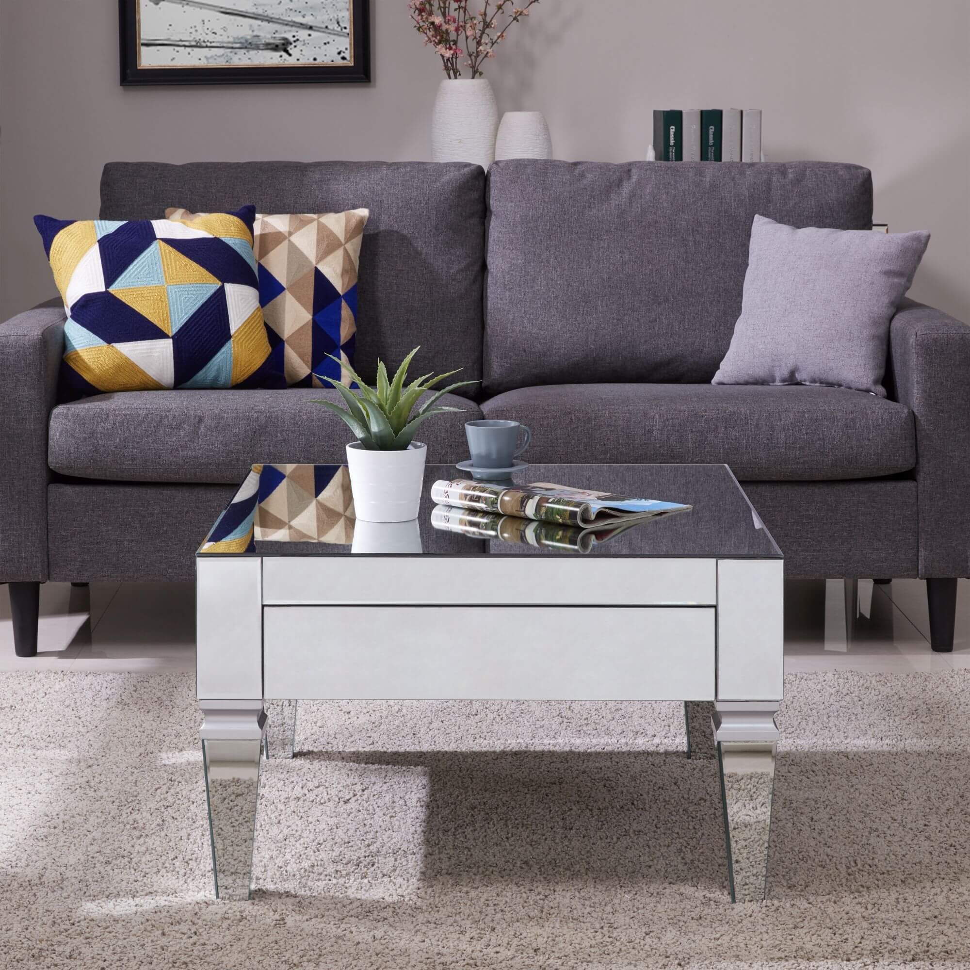 Darien Square Mirrored Cocktail Table - Glam Style - Mirrored w/ Matte Silver