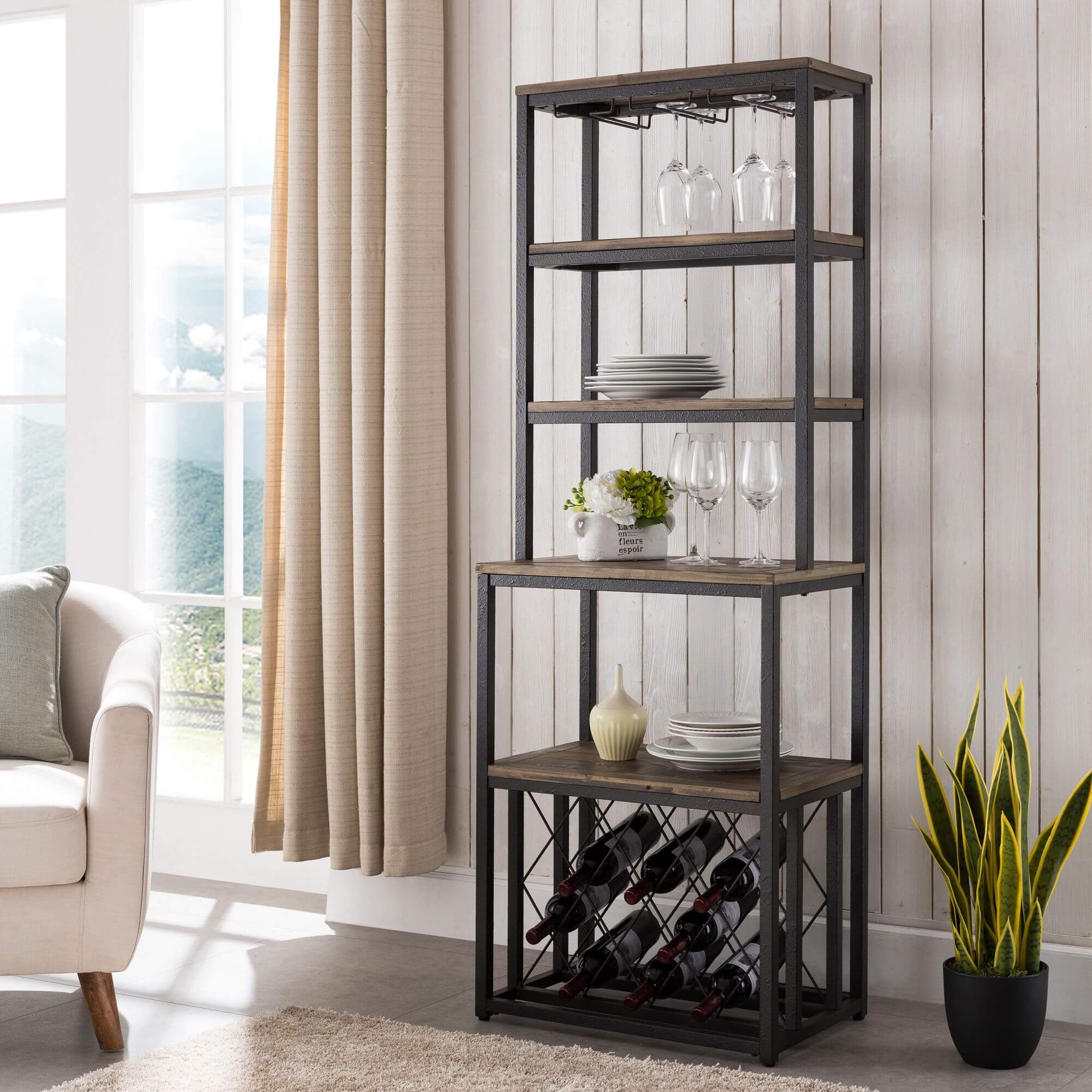 Aldwych Reclaimed Wood Bakers Rack - Industrial Style - Rustic Black w/ Distressed Fir